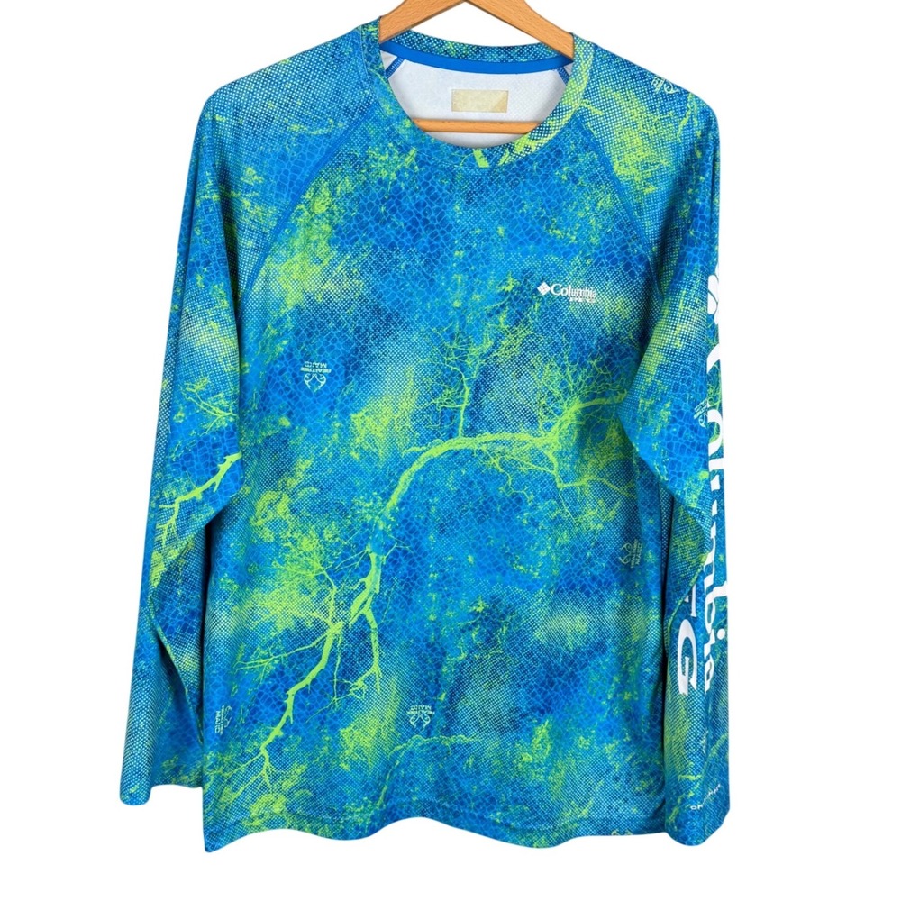 Columbia PFG Mens Terminal Tackle LS Shirt Realtree MAKO Camo Blue Lime Large